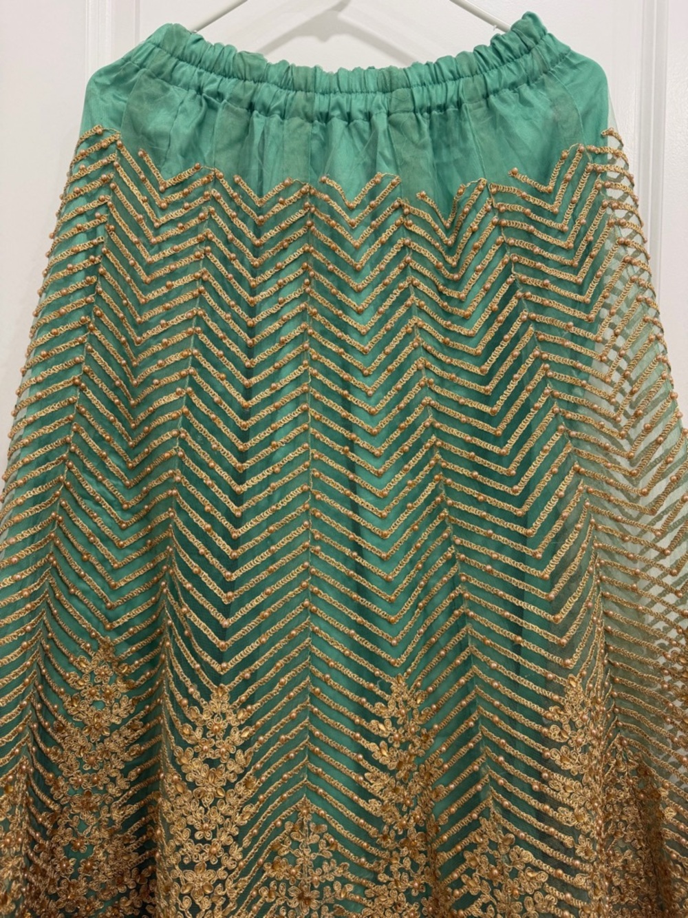 Pakistani Green and Gold Embroidered Full Skirt - Picture 3 of 8